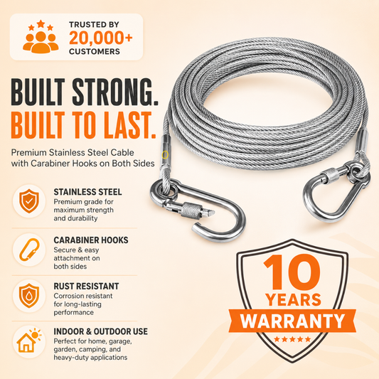 Heavy-Duty Stainless Steel Clothesline with Carabiner Hooks. 10 YEARS WARRANTY