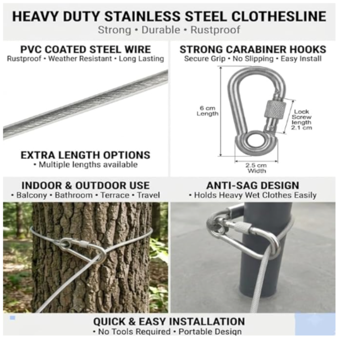 Heavy-Duty Stainless Steel Clothesline with Carabiner Hooks. 10 YEARS WARRANTY