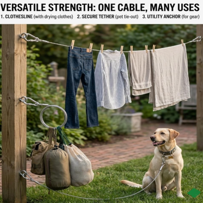Heavy-Duty Stainless Steel Clothesline with Carabiner Hooks. 10 YEARS WARRANTY