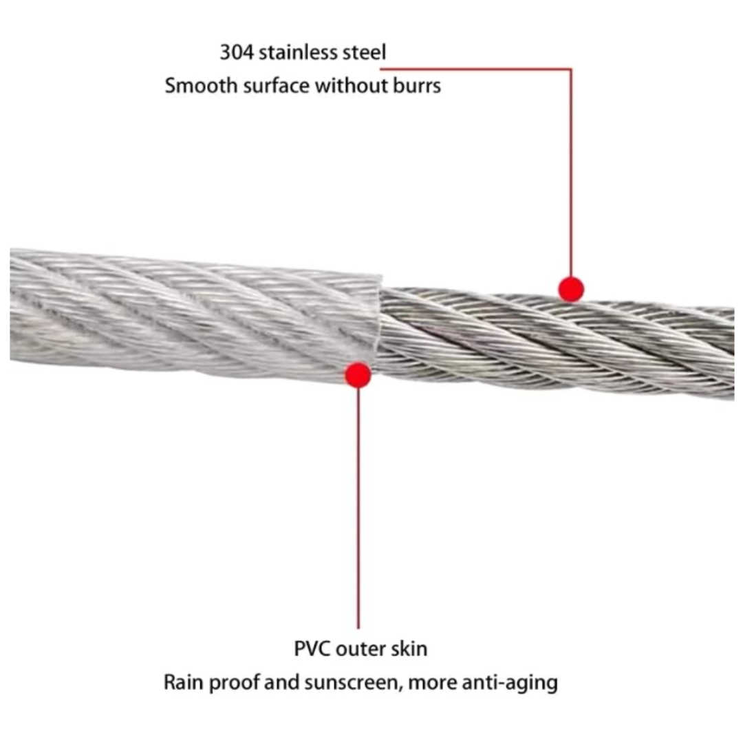 Heavy-Duty Stainless Steel Clothesline with Carabiner Hooks. 10 YEARS WARRANTY